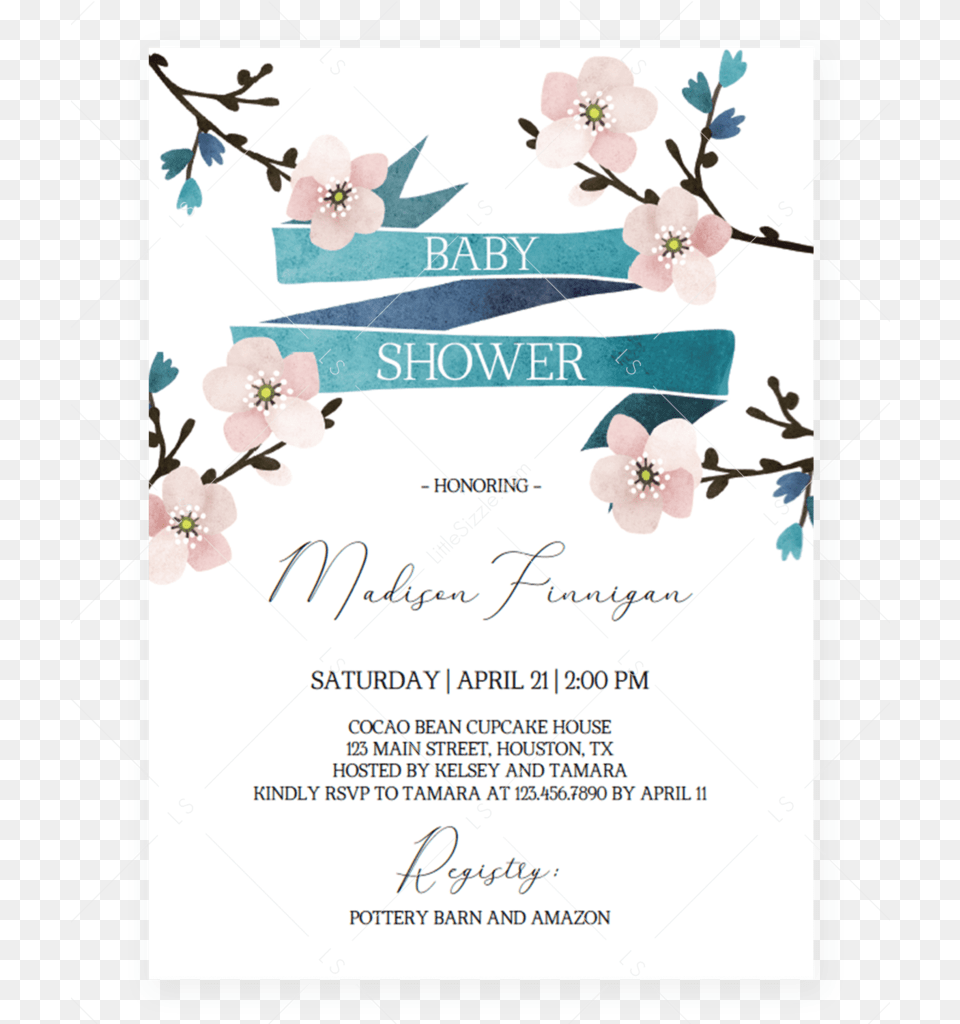 Floral Baby Shower Invitation Cherry Blossom By Littlesizzle Paper, Advertisement, Poster, Flower, Plant Free Png
