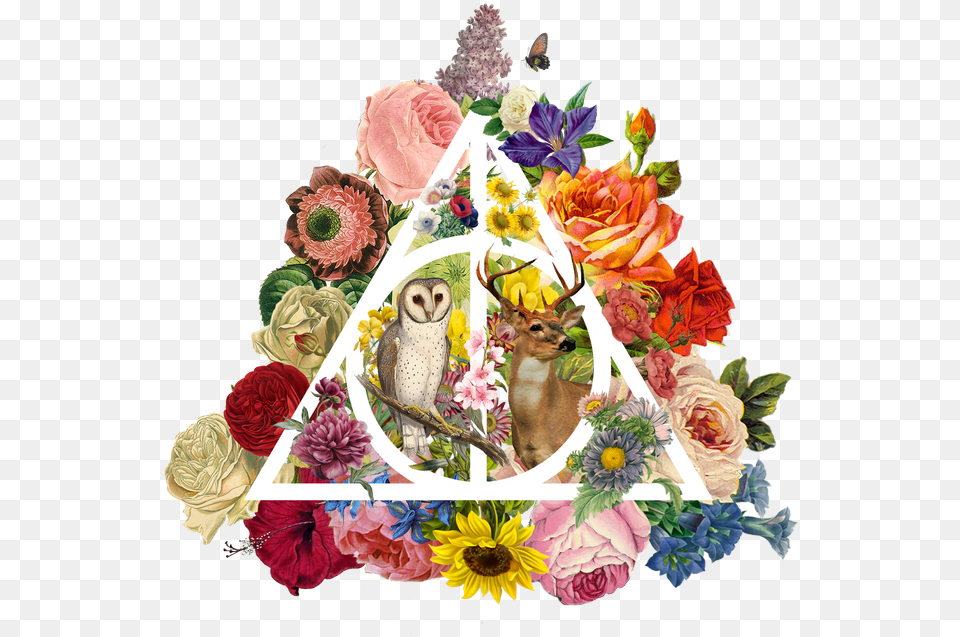 Floral Deathly Hallows Owl And Stag Floral Deathly Hallows Symbol With Flowers, Flower Arrangement, Art, Plant, Collage Free Transparent Png