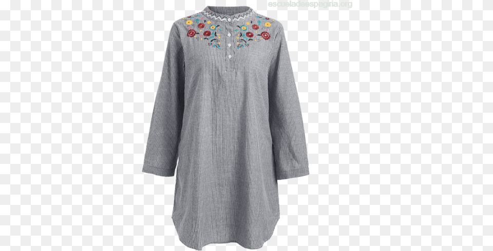 Floral Embroidered Patch Striped Long Blouse Overcoat, Clothing, Home Decor, Linen, Long Sleeve Png