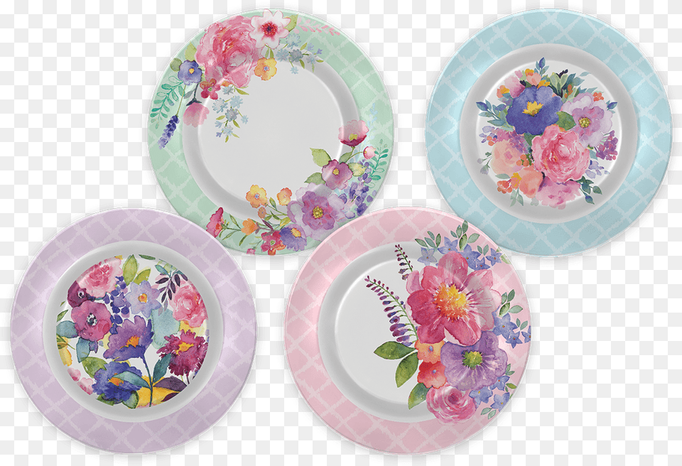 Floral Peacock Melamine Plate Set Punch Studio Peacock Floral Plate Set Of Four, Art, Pottery, Porcelain, Saucer Png Image