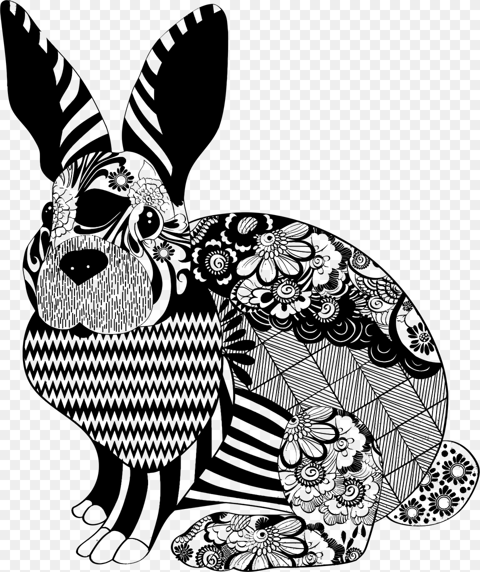 Floral Rabbit Silhouette Clip Arts Easter Postcard Black And White, Gray Free Transparent Png