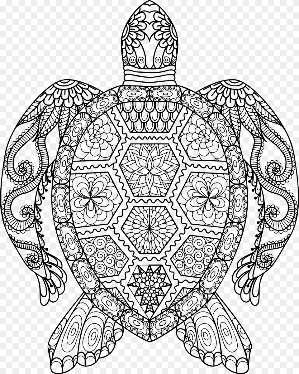 Floral Sea Turtle Black And White Clipart, Pattern, Art, Drawing, Doodle Free Png