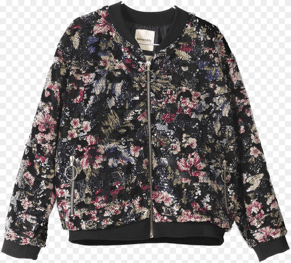 Floral Sequin Bomber Jacket Black Sequined Jacket, Clothing, Coat, Knitwear, Sweater Free Png Download