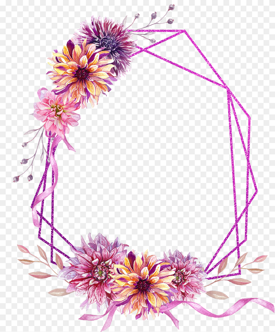 Floral Square Wreath Frame Glitter Ribbon Geometric, Dahlia, Flower, Plant, Flower Arrangement Png