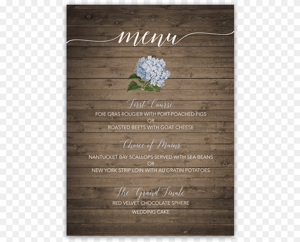 Floral Wedding Menu With Pale Blue Hydrangeas Wedding, Advertisement, Poster, Wood, Text Png