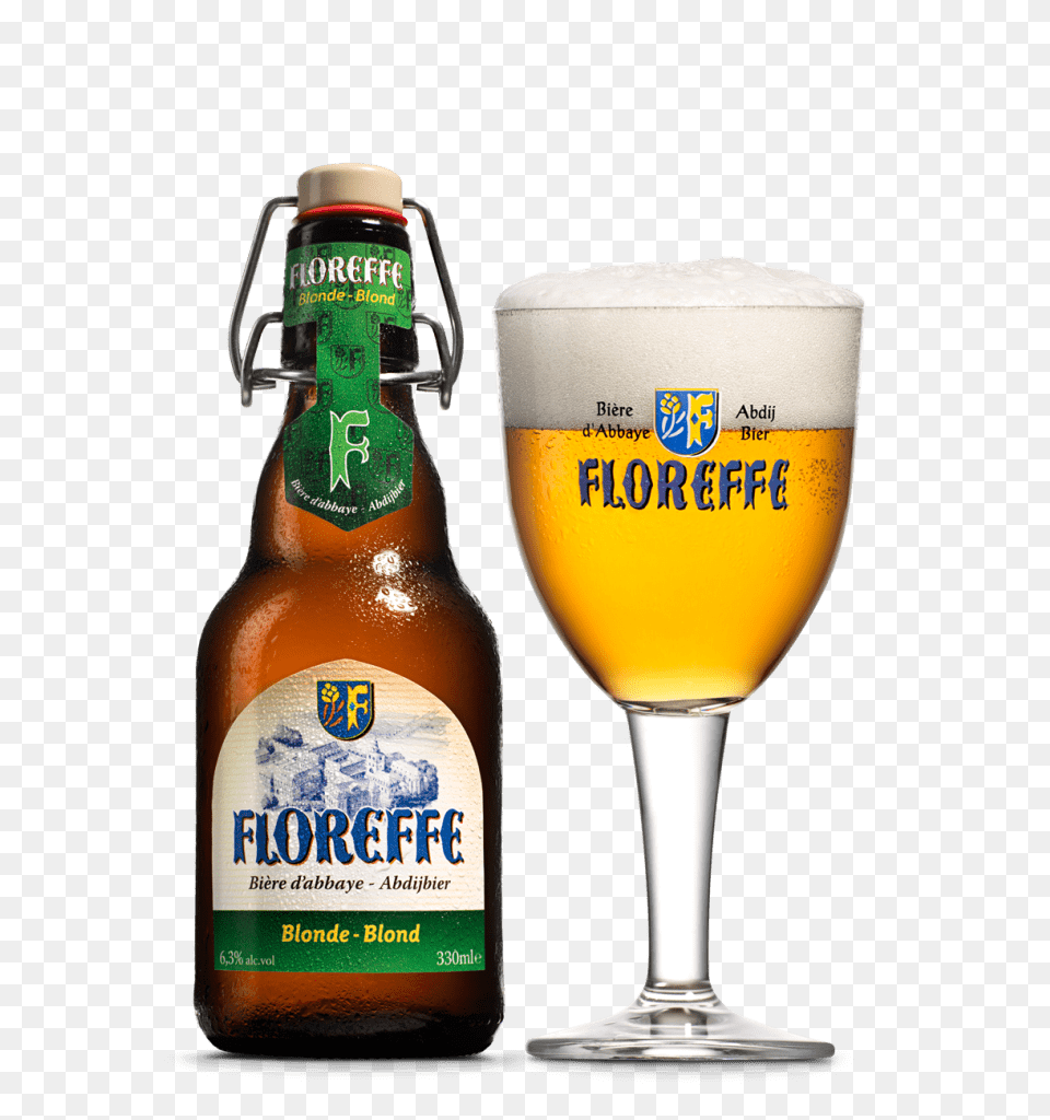 Floreffe Beer Blonde With Glass, Alcohol, Beer Bottle, Beverage, Bottle Png Image
