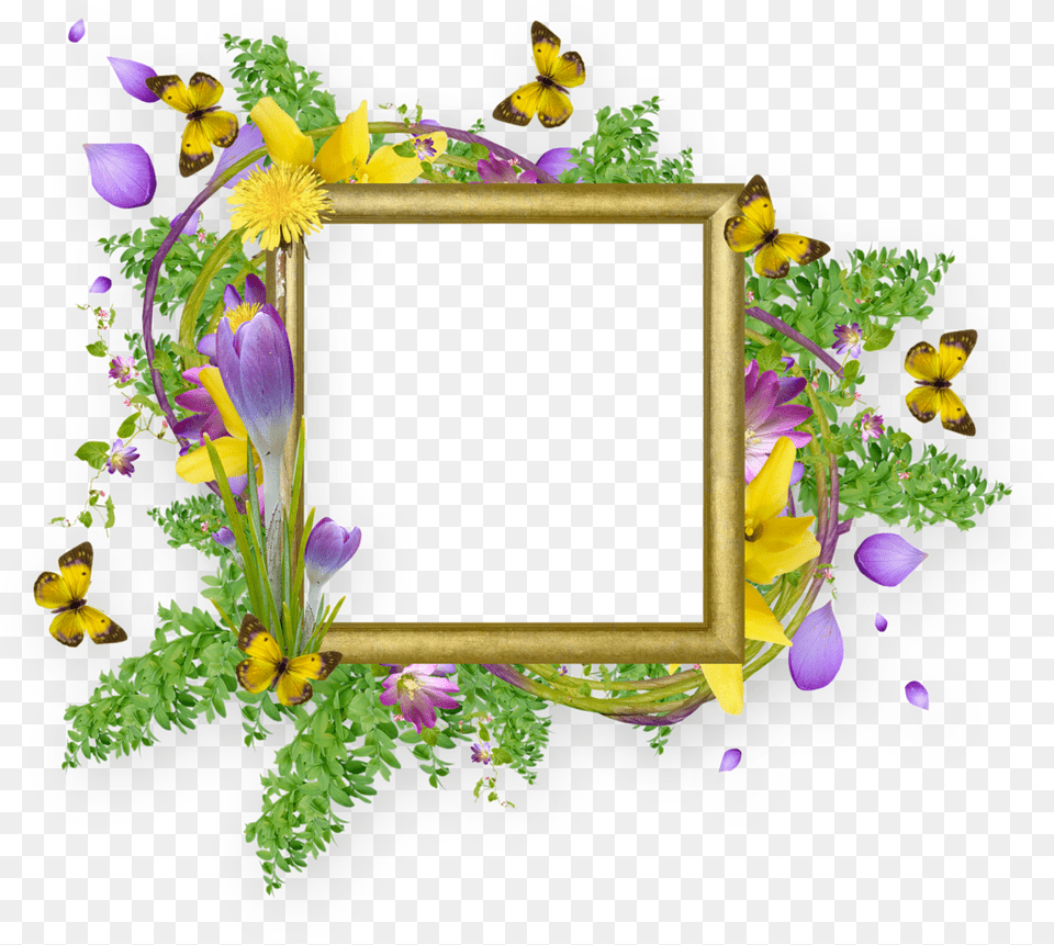 Flower And Butterfly Border Design Cadres Et Bordures Butterfly Frame, Plant, Purple, Flower Arrangement, Art Free Png