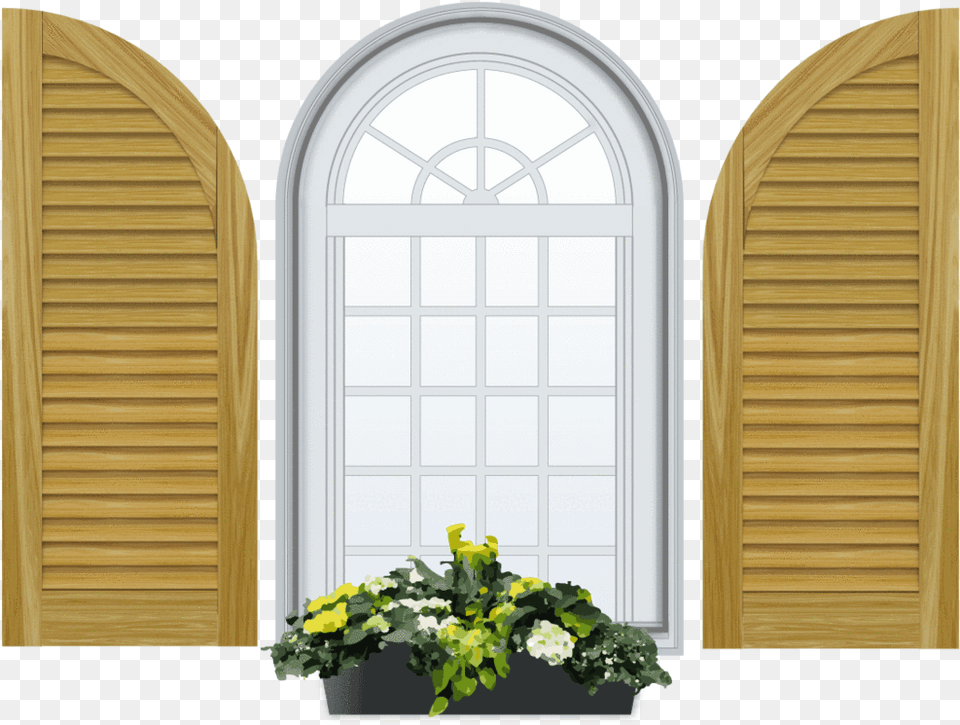 Flower Arch Louvered Arch Top Pine Shutter Flat Single Panel Shutters, Window, Curtain, Potted Plant, Plant Free Png Download