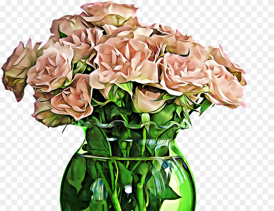 Flower Bouquet Plant Pink Green Drawing Roses In A Vase, Flower Arrangement, Flower Bouquet, Jar, Pottery Free Png Download