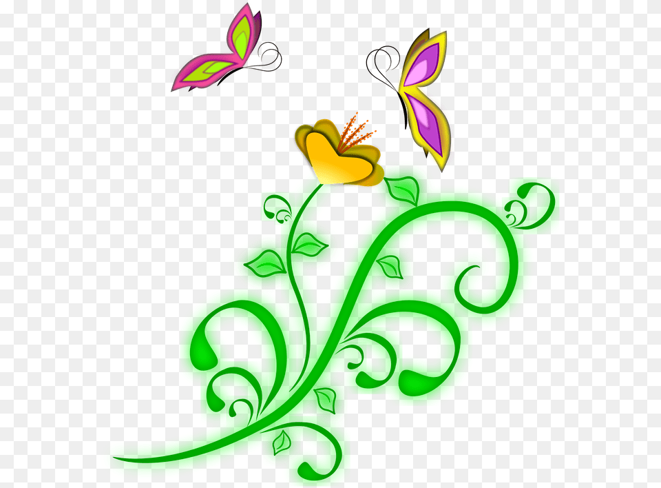 Flower Butterflies Spring Vine Flores E Borboletas, Art, Floral Design, Graphics, Green Free Png Download