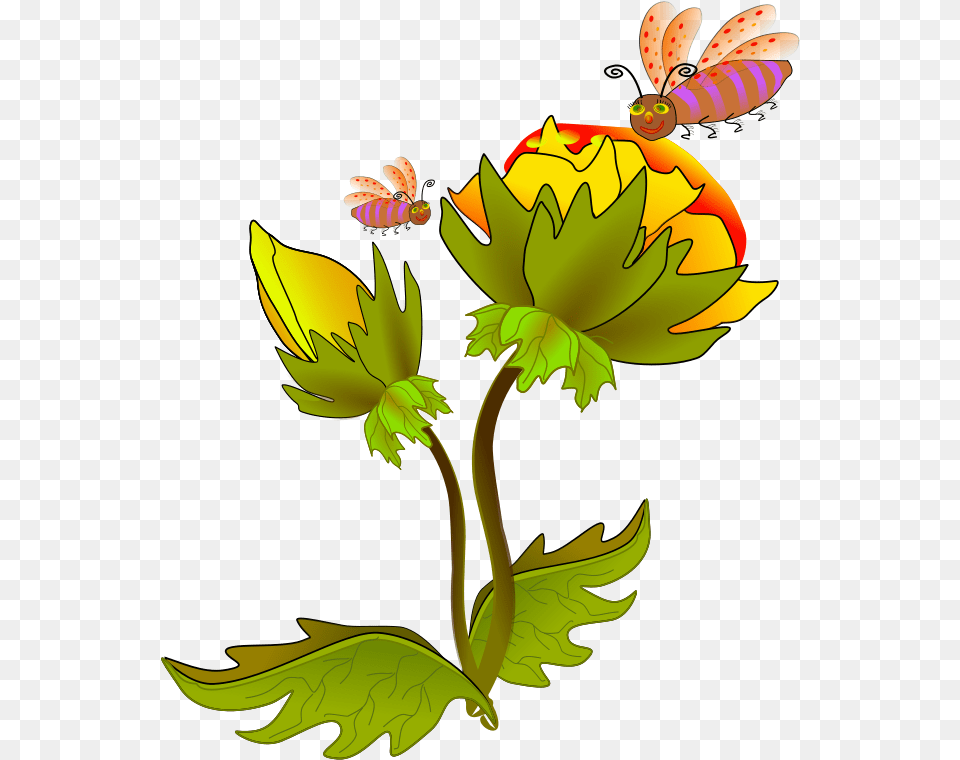 Flower Cartoon Small Flowers With Bee, Leaf, Plant Free Png