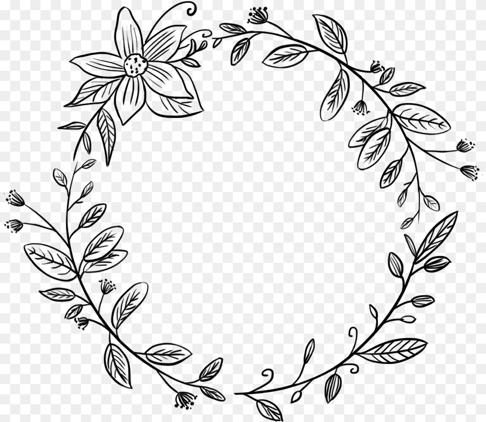 Flower Wreath Round Circle Frame Border Vinesandleaves Round Flower Border Black And White, Gray Free Png Download