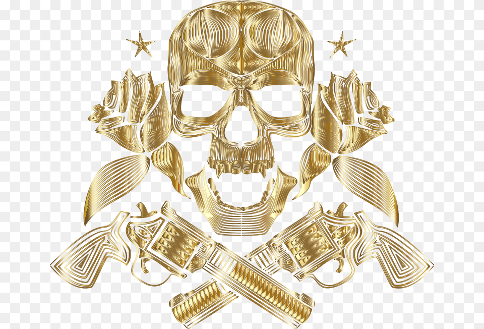 Flowers And Firearms Skull Line Art Gold No Bg Emblem, Bronze, Symbol, Treasure, Adult Free Png Download