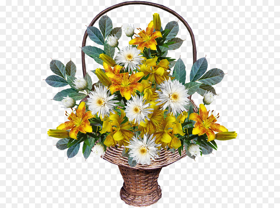 Flowers Basket Arrangement Yellow Leaves Lilies Bouquet, Flower, Flower Arrangement, Flower Bouquet, Plant Free Png Download