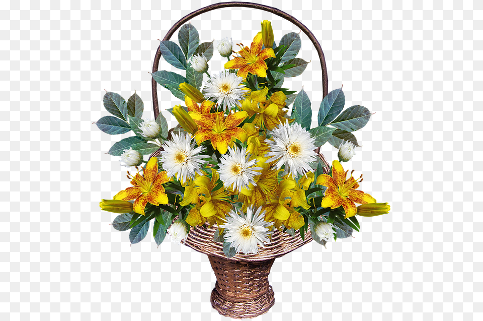 Flowers Basket Arrangement Yellow Leaves Lilies Flower Basket, Flower Arrangement, Flower Bouquet, Plant, Daisy Free Png Download