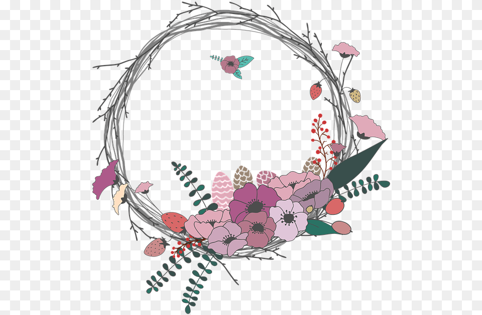 Flowers Twig Corolla Wreath Lease Spring Border Bunga Lingkaran Simple, Art, Graphics, Pattern, Floral Design Png Image