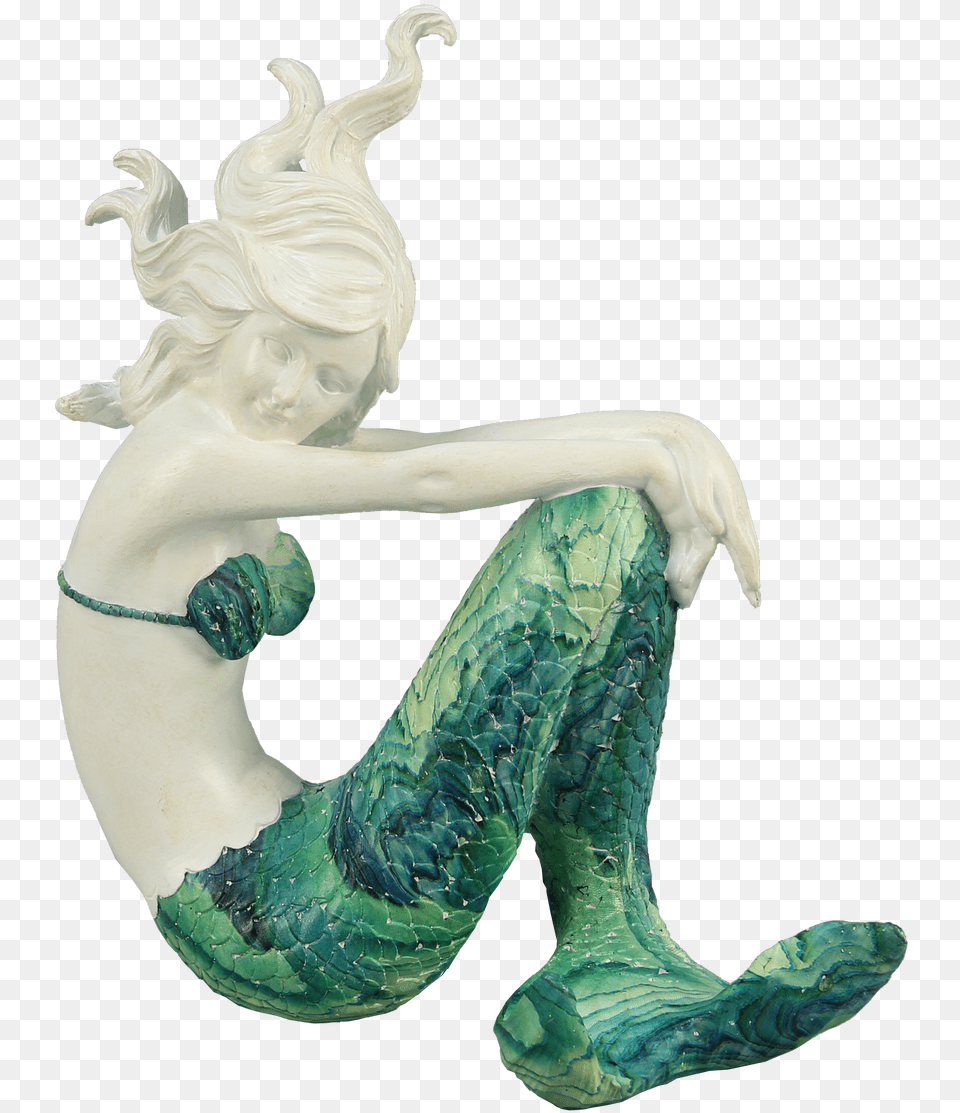 Flowing Hair Mermaid With Green Swirl Tail Figurine, Woman, Adult, Female, Person Png