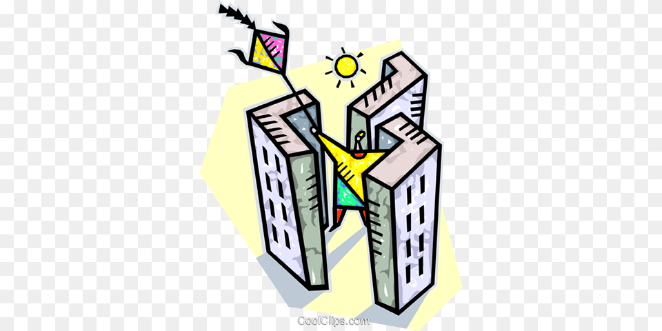 Flying A Kite Between Buildings Royalty Vector Clip Art, City, Dynamite, Weapon Free Transparent Png