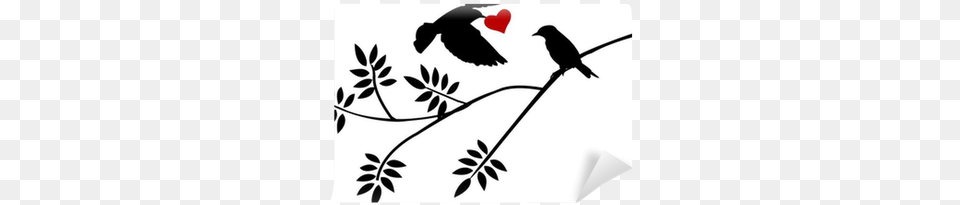 Flying Bird Silhouette With A Love For Birds On A Branch Flying Love Bird Drawing, Animal, Blackbird, Leaf, Plant Png Image