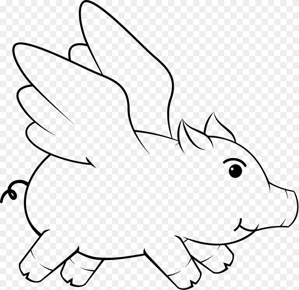 Flying Piggy Black And White Clipart, Animal, Mammal, Pig, Fish Png Image