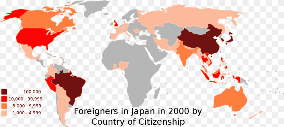 Foreigners In Japan In 2000 By Citizenship Unlabeled World Map, Chart, Plot, Atlas, Diagram Free Png Download