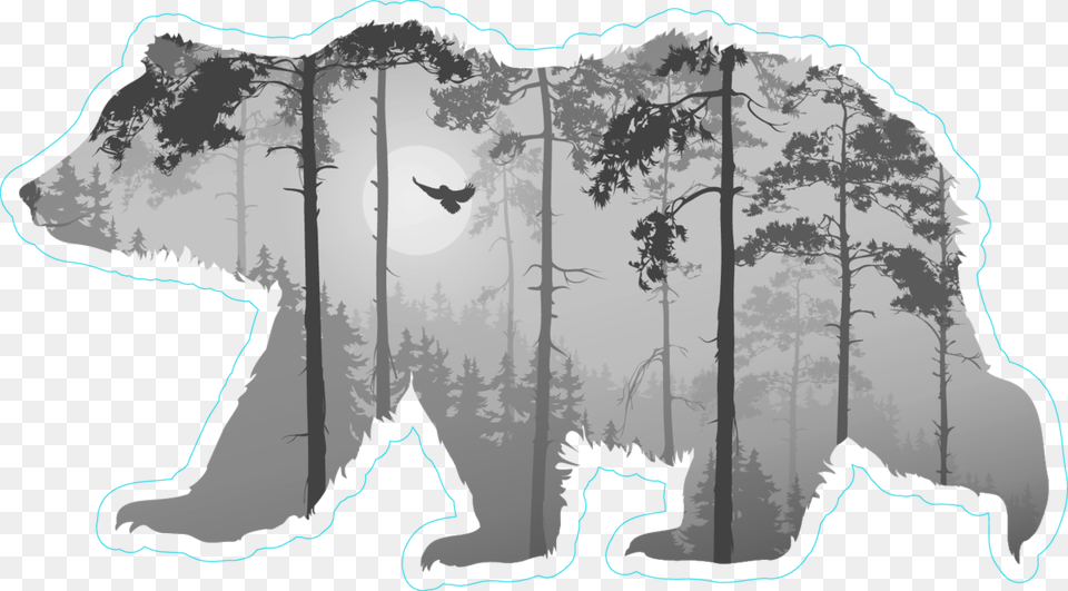 Forest With A Flying Owl In Bear Silhouette Sticker Grizzly Bear Silhouette, Rainforest, Plant, Tree, Outdoors Free Transparent Png