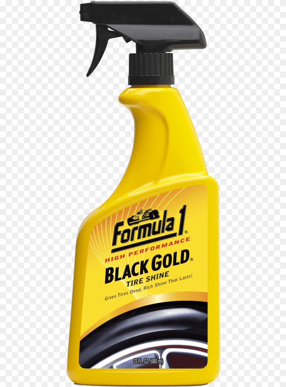 Formula 1 Black Gold Tire Shine, Bottle, Cleaning, Person, Can Png