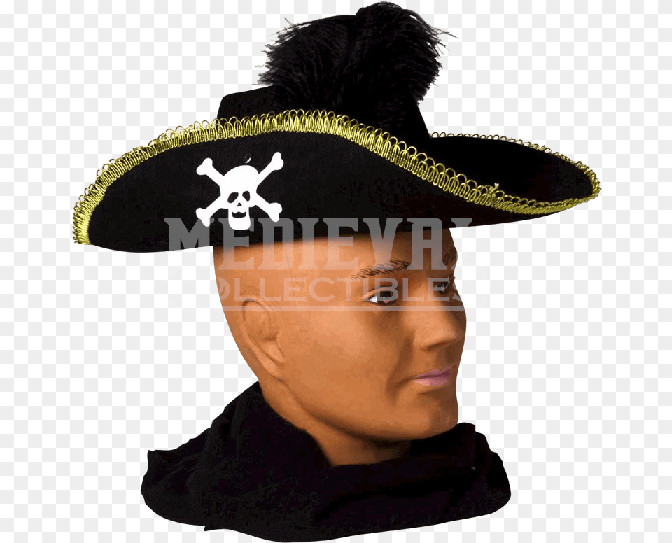 Forum Novelties Skull Pirate Adult Costume Hat Wfeather, Clothing, Male, Man, Person Free Transparent Png