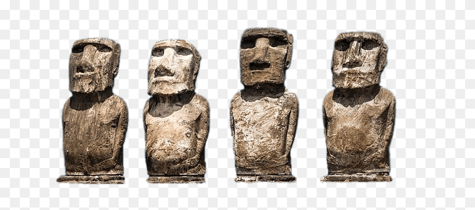 Four Aligned Easter Island Moai Statues, Archaeology, Person, Adult, Male Free Png