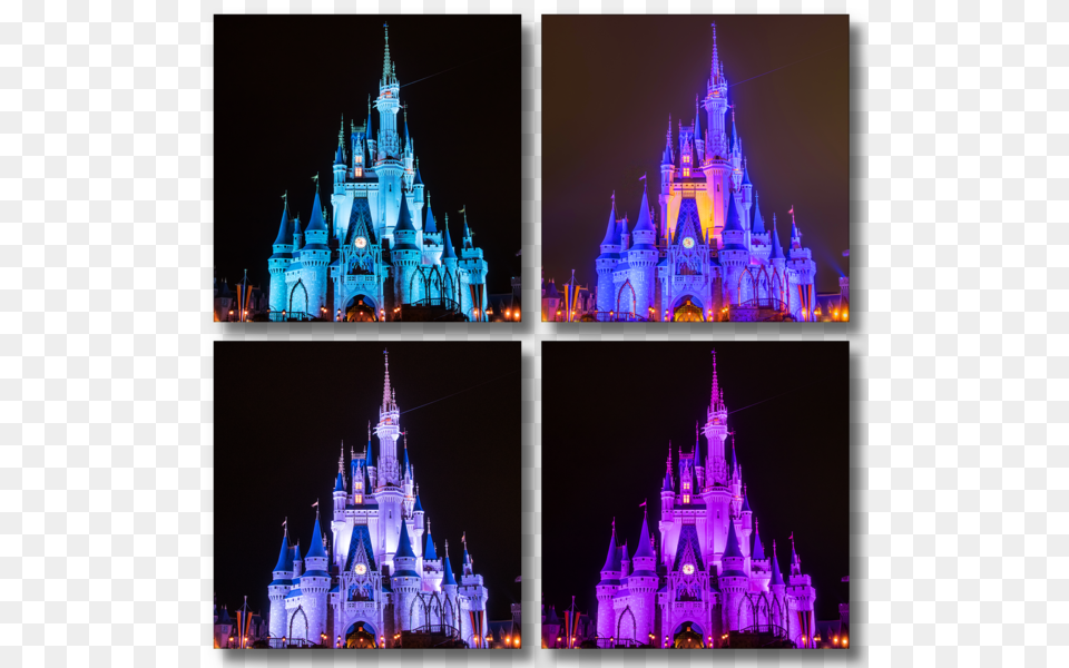 Four Castles Disney World Cinderella Castle, Architecture, Tower, Spire, Collage Free Png