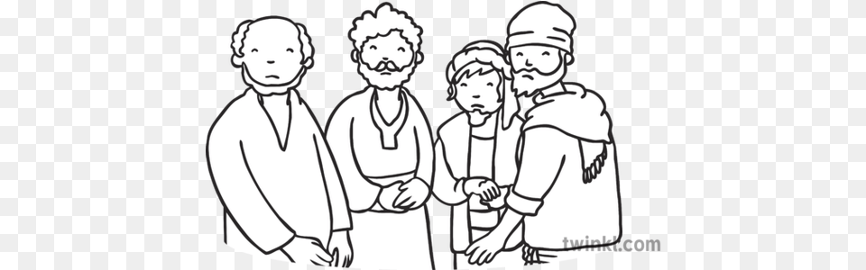 Four Men Sad No Background Biblical Scene Christianity Line Art, Baby, Person, Adult, Wedding Png Image