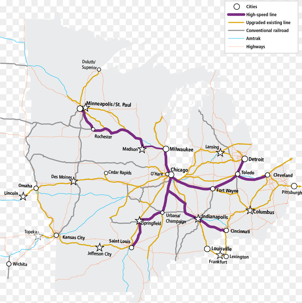 Four New High Speed Lines Radiating From Chicago Form Mora Minnesota, Chart, Map, Plot, Atlas Free Png