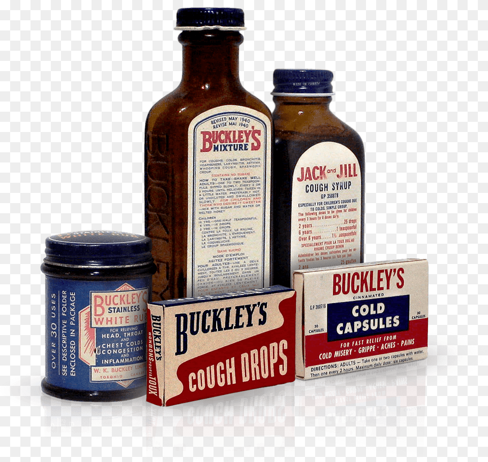 Four Original Bottles Of Buckley S Syrup Chewing Gum, Food, Seasoning, Ketchup, Box Free Png Download