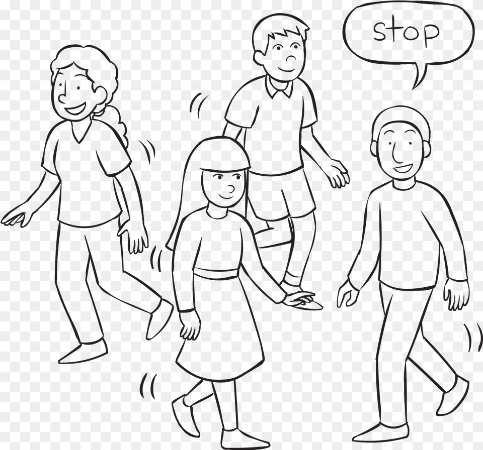 Four People Moving About An Area With One Person Saying Walk And Stop Game, Art, Drawing, Face, Head Png Image