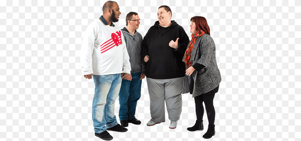 Four People Standing Together Talking 5 People Standing Together, Long Sleeve, Clothing, Sweater, Fashion Free Png