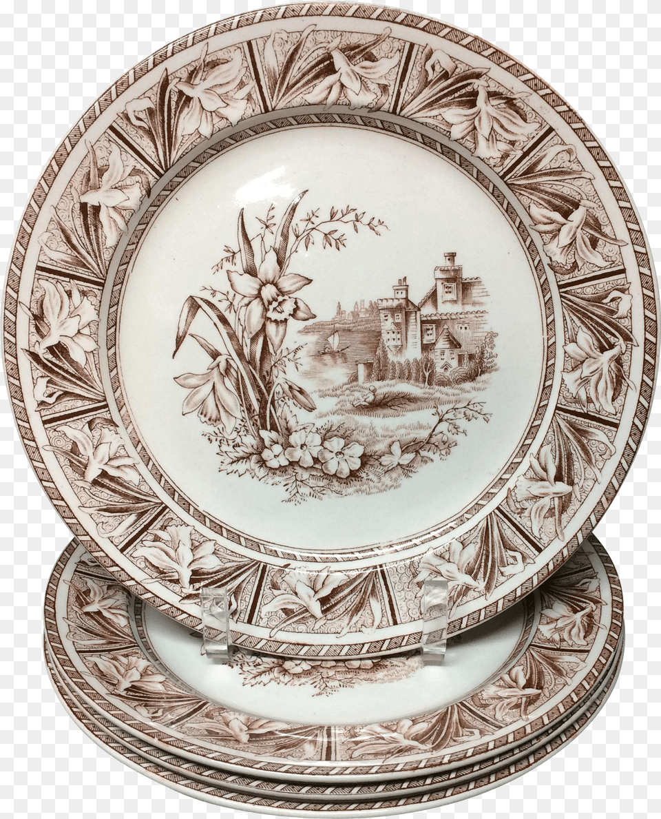 Four Victorian Brown Transfer Printed English Plate, Animal, Beak, Bird, Eagle Png Image