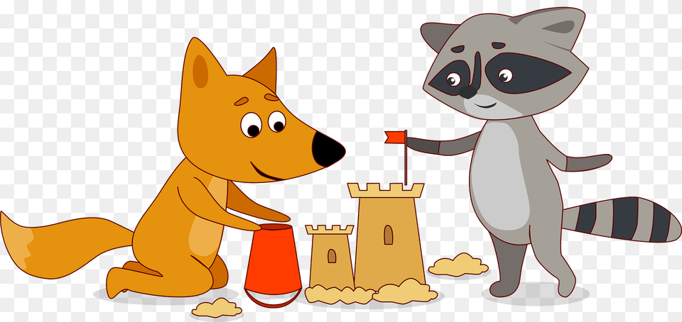 Fox And Raccoon Building Sand Castle Clipart, Animal, Bear, Cartoon, Mammal Png Image
