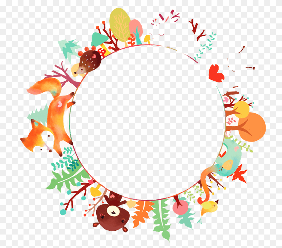 Fox Bear Forest Autumn Fall Leaves Flowers Wreath Frame, Art, Graphics, Pattern, Floral Design Png