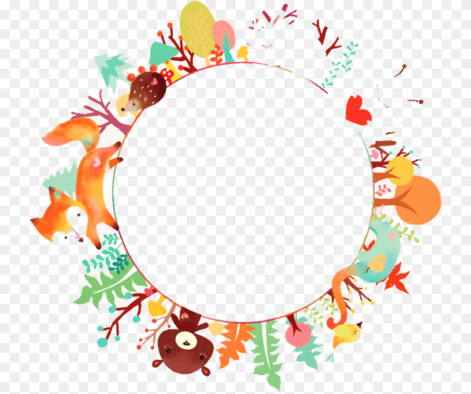 Fox Bear Forest Autumn Fall Leaves Flowers Wreath Frame Watercolor Animals, Art, Graphics, Pattern, Floral Design Free Png