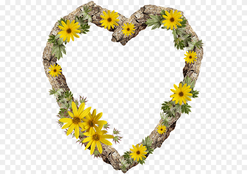 Frame Border Rustic Heart Daisy Flower Yellow Frame Heart, Plant, Flower Arrangement, Sunflower, Art Png Image