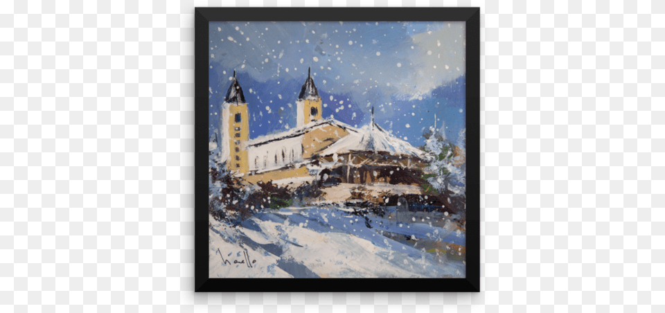 Framed Snowy Medjugorje Scene Poster Medjugorje Christmas Cards, Architecture, Art, Building, Tower Free Png Download