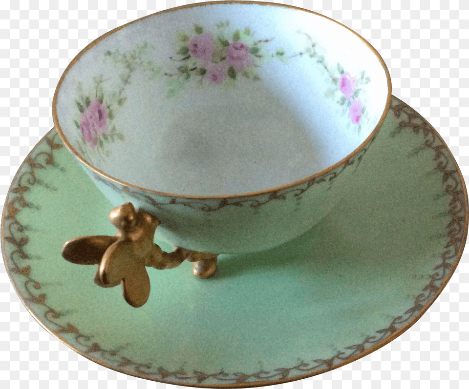 France Dragonfly Handle Footed Demitasse Or Tea Cup Saucer, Plate Png