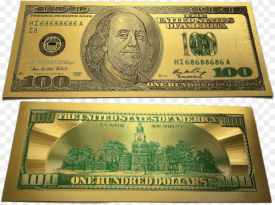 Franklin Colorized Gold Foil Polymer Replica Banknote 100 Dollar Bill, Adult, Male, Man, Money Free Transparent Png