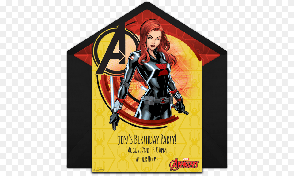 Avengers Black Widow Online Invitation Punchbowlcom Black Widow Marvel Birthday Card, Adult, Poster, Person, Female Free Png