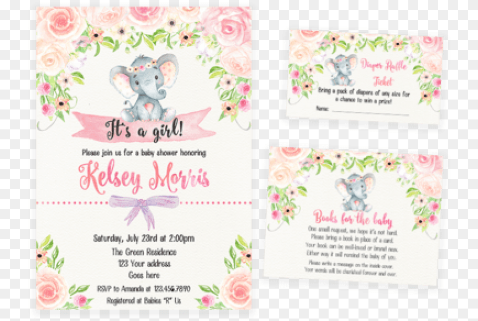 Blush Pink Floral Elephant Baby Shower Blush Pink Floral Baby Invites, Paper, Text, Animal, Bear Free Png Download