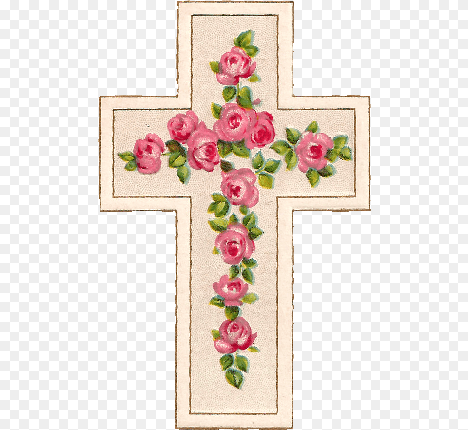 Digital Easter Graphics Of Cross With Pink Clipart Vintage Cross, Symbol, Flower, Plant, Rose Free Png Download