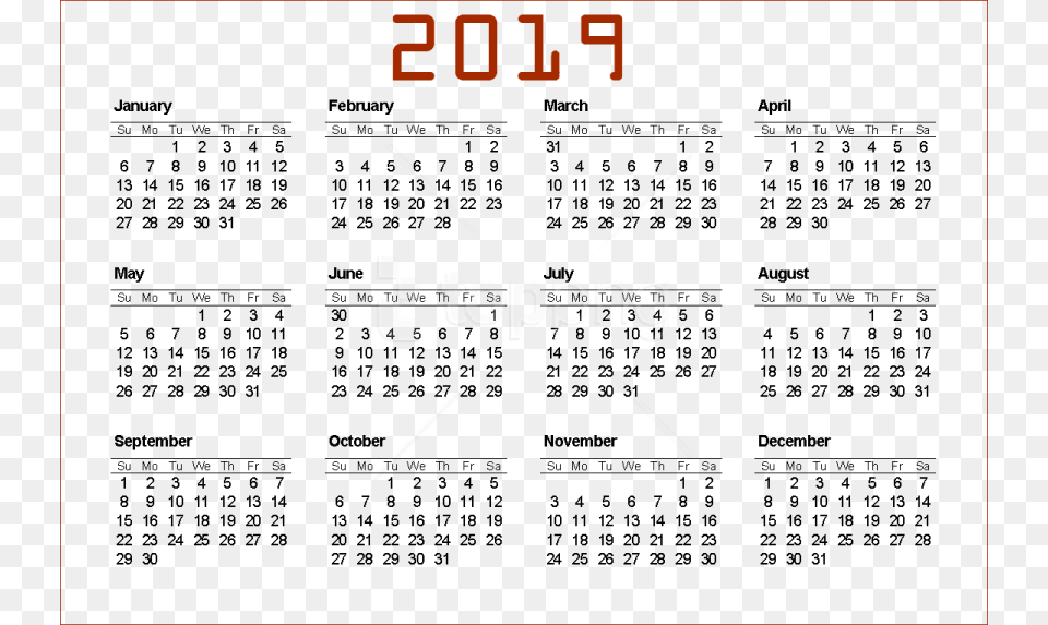 Free Download 2019 Calendar Background Printable 12 Month 2019 Calendar, Text Png