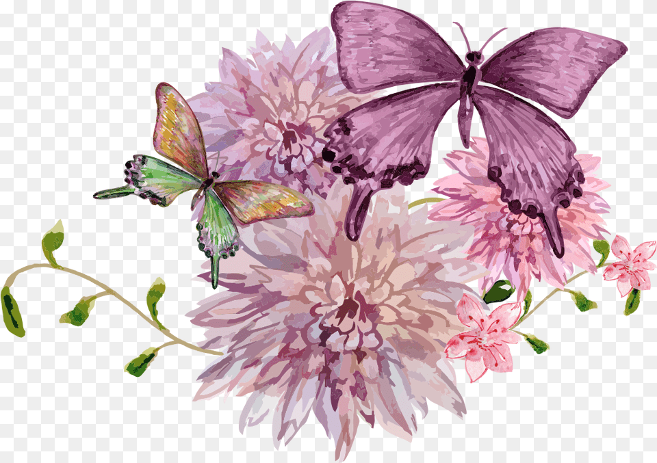 Free Download Butterfly Painting Cartoon Beautiful Flowers With Butterflies, Plant, Dahlia, Petal, Flower Png Image