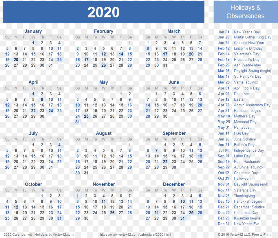 Free Printable 2020 Calendar With Holidays, Qr Code, Scoreboard, Text Png