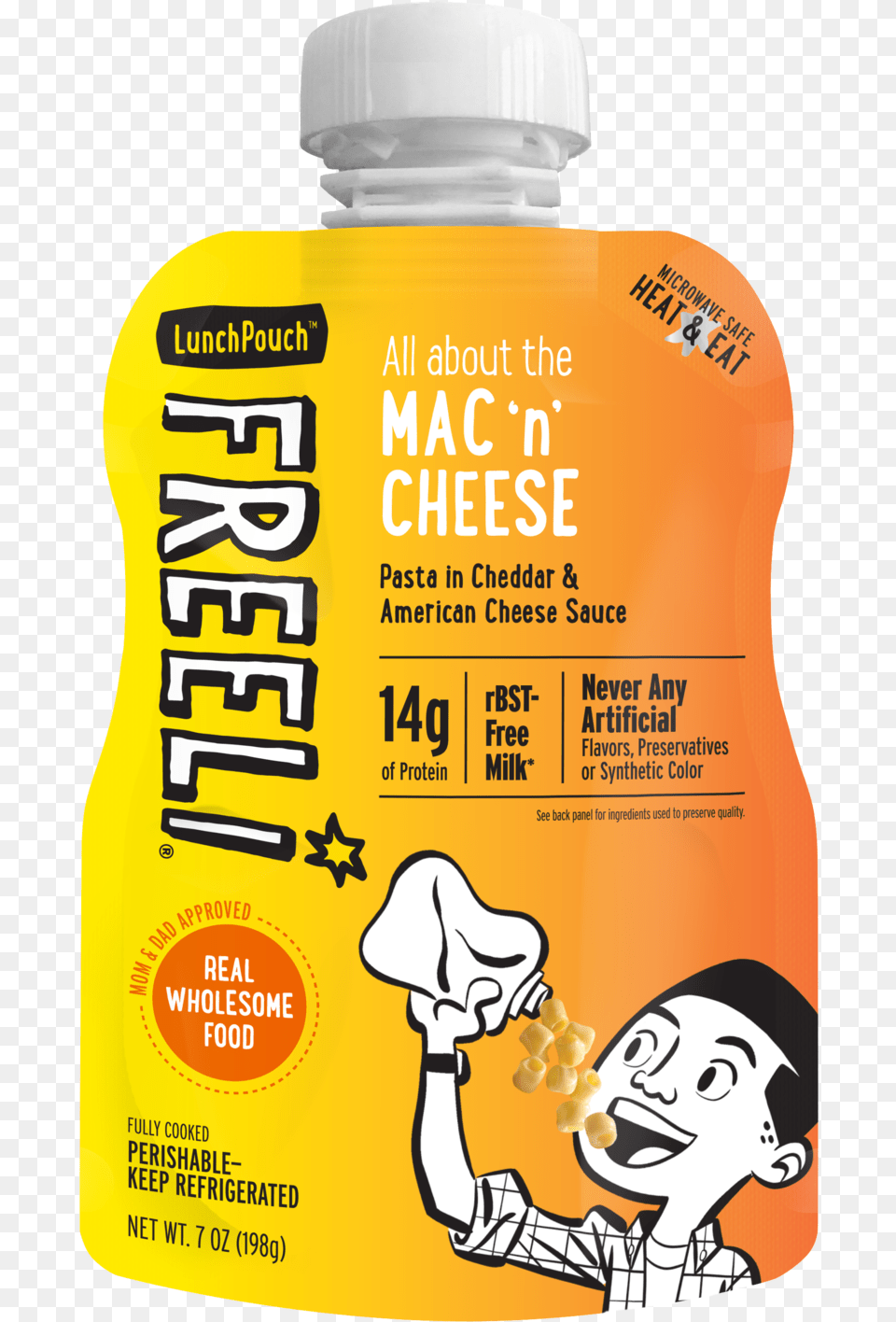 Freeli Macncheese Front Copy Freeli Lunch Pouch, Bottle, Baby, Face, Head Png Image